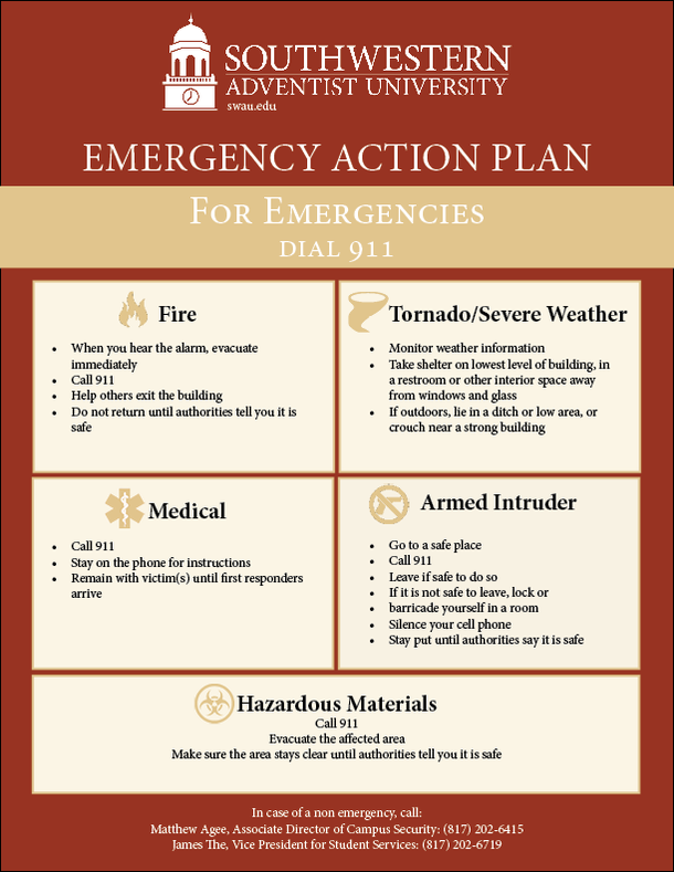 A poster showing Southwestern Adventist University's Emergency Action Plan for fire, medical, armed intruder, tornado/severe weather and hazardous materials