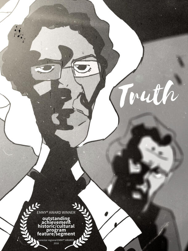 A poster for "Truth", showcasing a sketched woman with a stern look beneath her glasses, and an angry man in the background