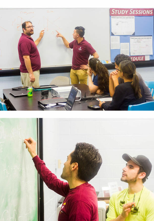 A collage of two photos depicting CASA tutors helping and teaching their peers