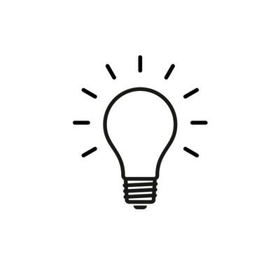 A drawn outline of a lightbulb and lines around it to indicate it being turned on