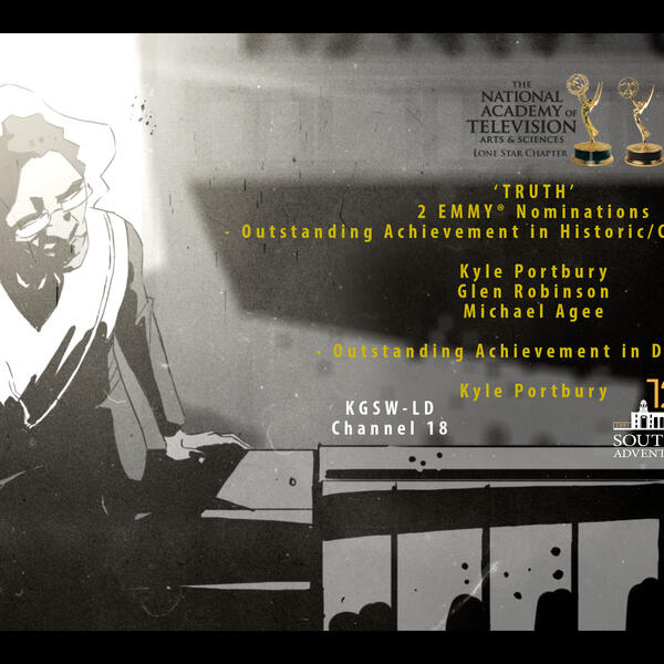 A black and white poster with yellow words stating that a program called "Truth" has 2 Emmy Nominations