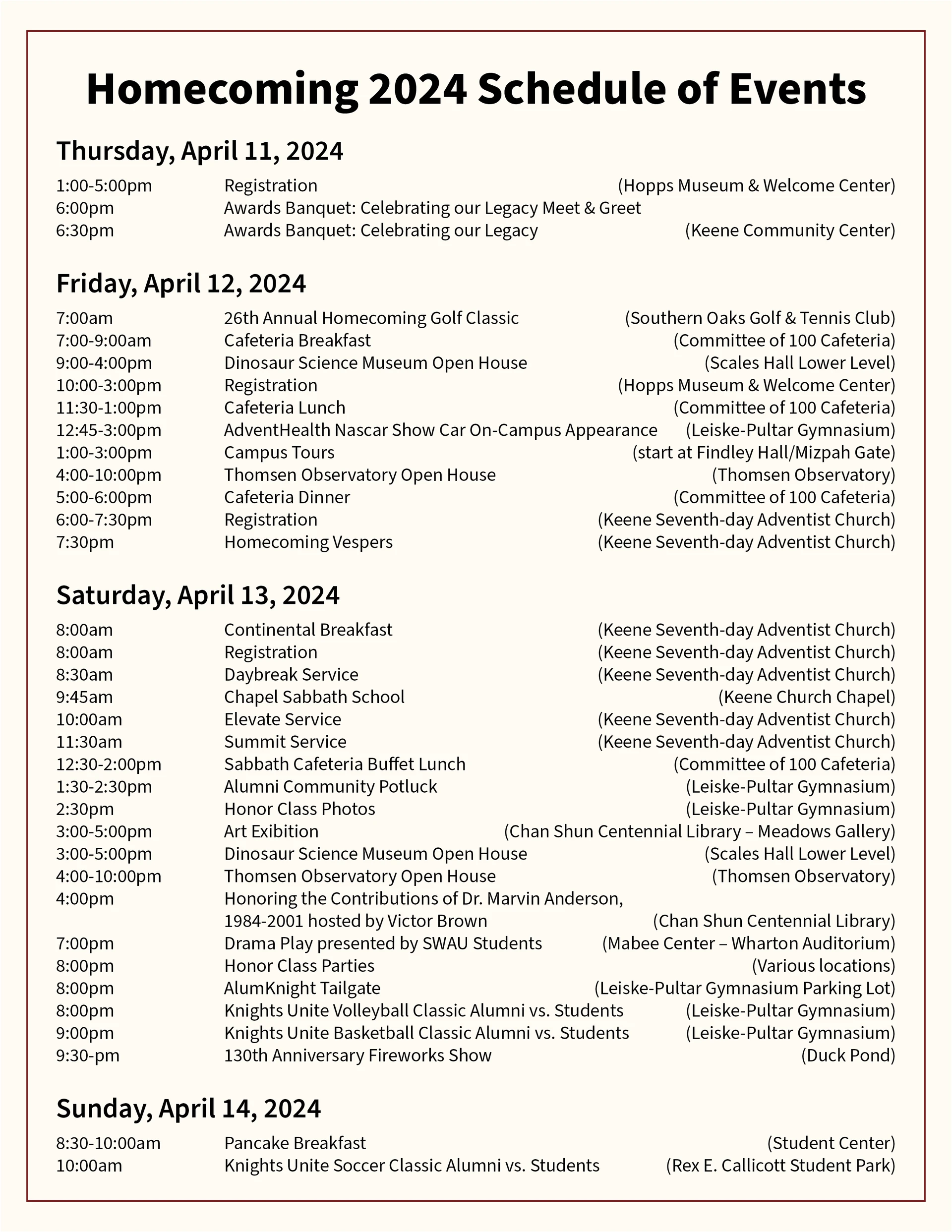 SWAU Alumni Weekend 2024 Events Schedule